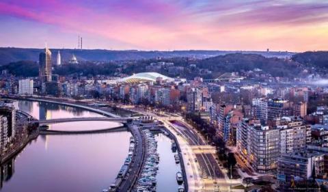 The panorama of Liège at sunset.